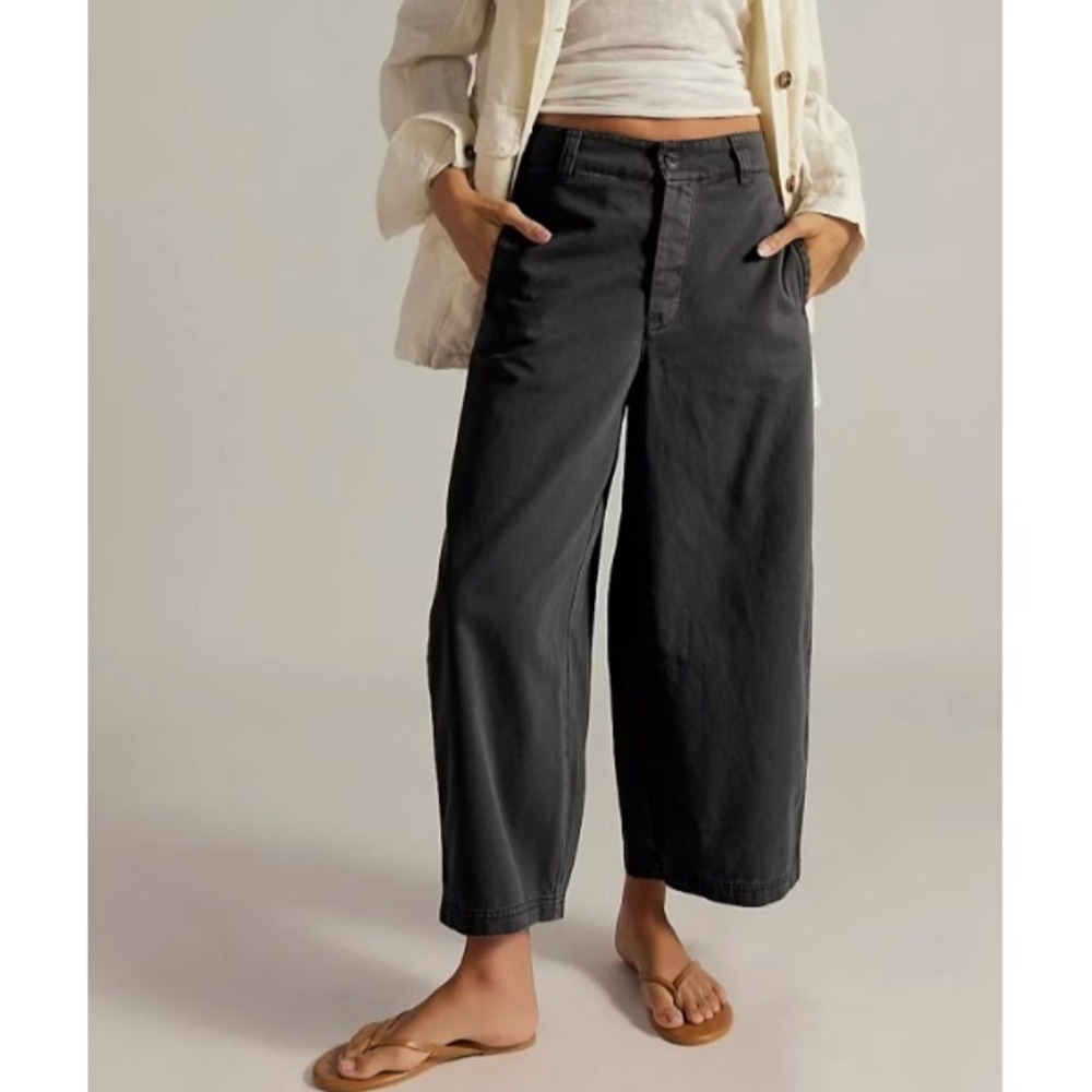 Free People We The Free Lay Down Chino Trousers 6 Black Wide Leg Boho NWT